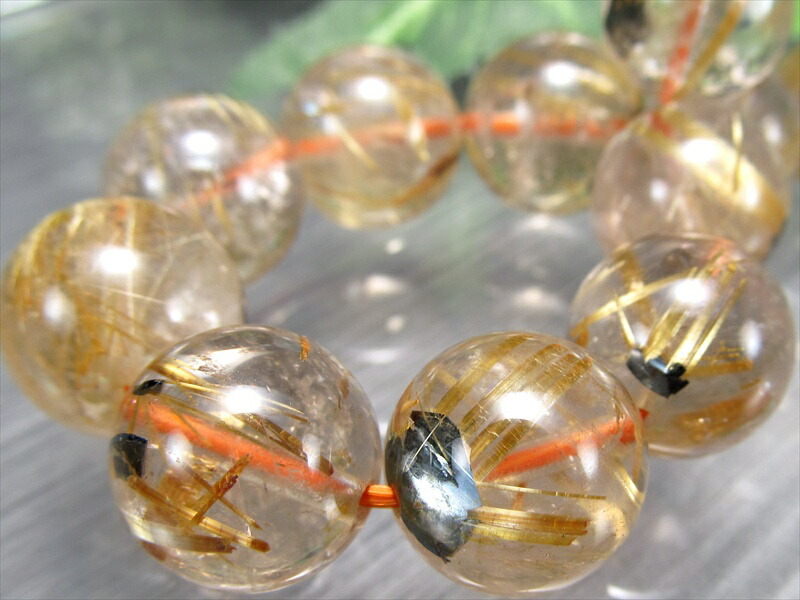 虹入り 3A 母岩ヘマタイト入り ゴールドルチルクォーツ ブレスレット 12mm-13mm×16珠 金運・財運の象徴 金針たっぷり 繊細針 タイチン入り ブラジル産