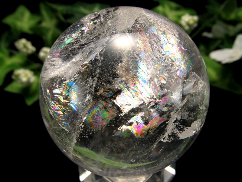 透明感抜群 5A 虹入り レムリアン水晶 丸玉 台座付 φ44mm 重さ120g 古代の叡智を封じ込めた水晶 レムリアンクリスタル レインボー水晶 レインボー丸玉