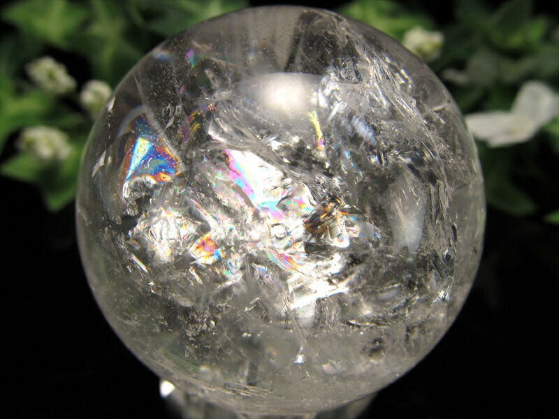 透明感抜群 5A 虹入り レムリアン水晶 丸玉 台座付 φ44mm 重さ121g 古代の叡智を封じ込めた水晶 レムリアンクリスタル レインボー水晶 レインボー丸玉