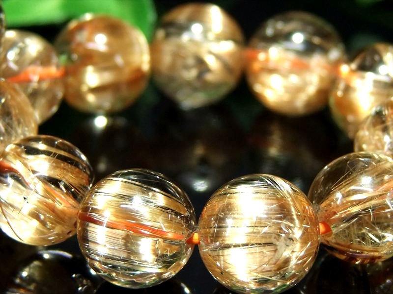 店頭展示中 過去最高品質 S級 ゴールドタイチンルチルクォーツ ブレスレット 10mm-10.5mm×19珠 内径 17.0cm ギラギラタイチン&透明水晶 黄金の輝き