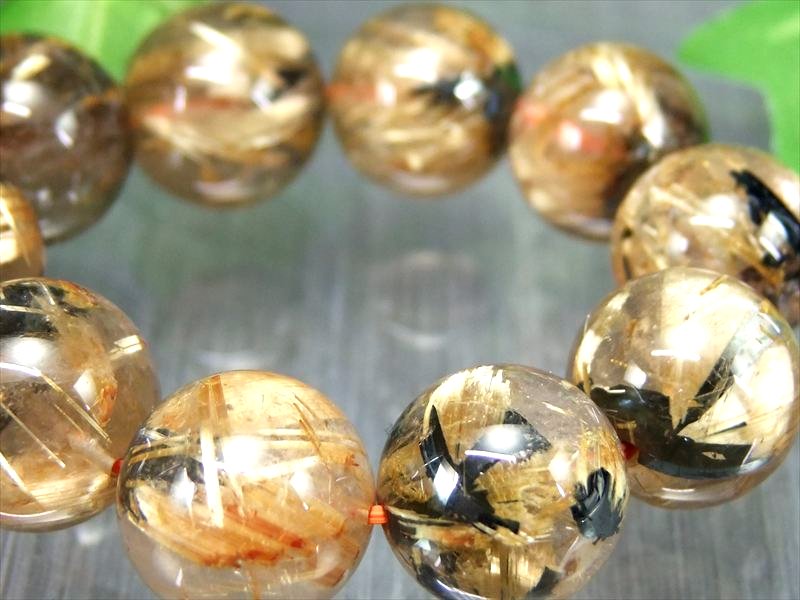 迫力の大珠力強い雷神ルチル 3A+ 雷神ゴールドタイチンルチルクォーツ ブレスレット 13mm-14mm×16珠 ギラギラゴールド 金運の代表石 母岩ヘマタイト入り