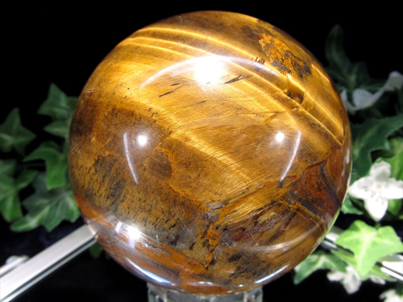 まさに虎の模様 4A タイガーアイ 丸玉 台座付 直径87mm 重さ945g 金運の代名詞 良質シャトヤンシー 幸運を招く聖なる石 南アフリカ 産 パワーストーン 天然石