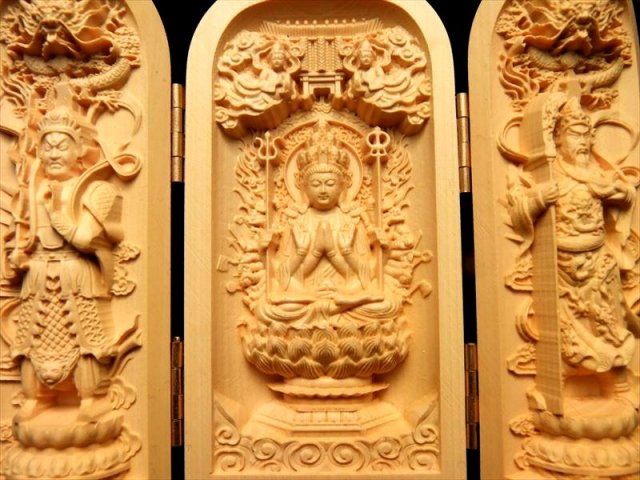 木彫り 千手観音像 置物 観音開き 5A極上彫り 高さ約100-105mm