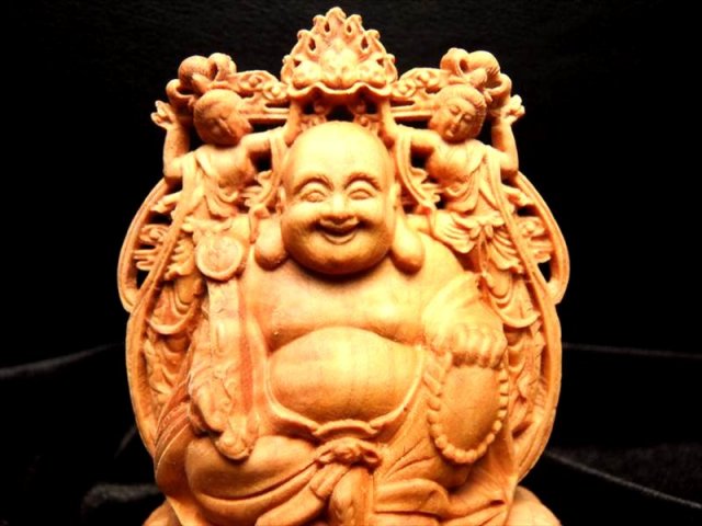 両面彫り 布袋様 5a極上手彫り 木彫り 布袋 菩薩 置物 高さ約84mm 風水やインテリアに Comrose
