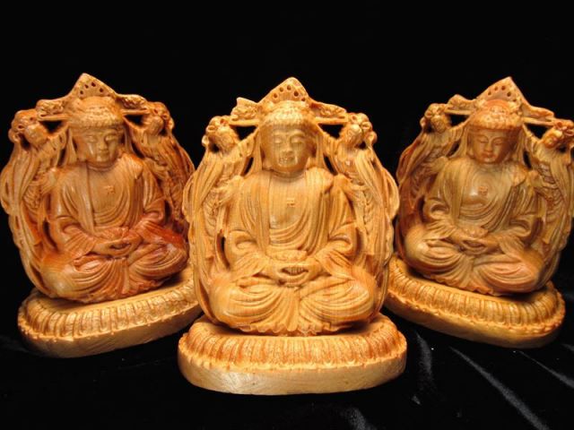 両面彫り 阿弥陀如来&菩薩 木彫り置物 高さ約85mm 木彫り 天然木