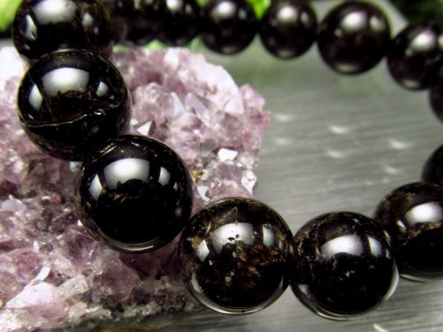 希少 国産黒水晶・大珠 モリオン ブレスレット 原石セット 専用木製ケース付き 12.5mm-14mm×16珠 ミニ原石付き 魔除け・邪気払いの石 激レア1点物