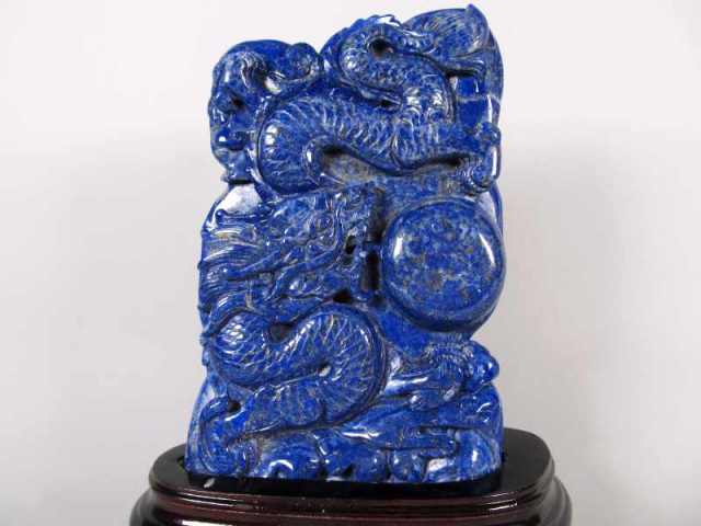 店頭展示中 濃厚ブルー 玉持ち龍神 ラピスラズリ 龍彫刻置物 重さ2521g