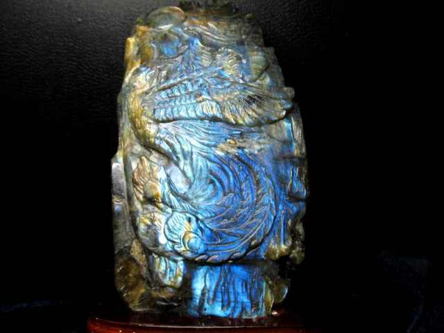 リ*ー様 鳳凰　彫刻　置物　天然石　ラブラドライト置物　ラブラドライト　台座付き イエロー、グリーン、ブルーのグラデーション！ラブラドライト
