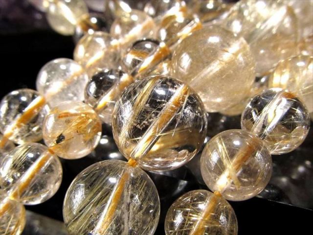 超透明 約8mm珠 ゴールドルチルクォーツ 一連 約39-41cm きらきら繊細針 絶妙バランス ブラジル産 パワーストーン 天然石
