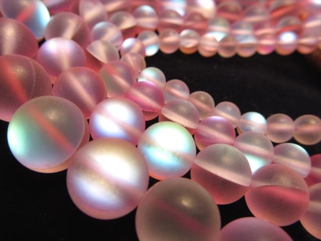 フロスト加工 約12mm珠 ライトピンク レインボーグラスオーラ・ルナフラッシュ 一連 約38-40cm 人工石 rn-s パワーストーン 天然石