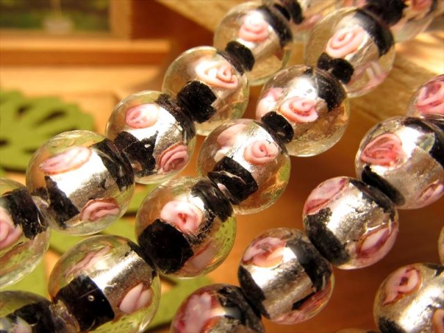 トンボ玉 とんぼ玉 銀彩ローズタイプA ラウンド型 約10mm 一連 約30cm 約35珠 昔ながらの人工ビーズ 激安 ビーズ rn-p パワーストーン 天然石