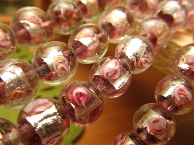 トンボ玉 とんぼ玉 銀彩ローズタイプC ラウンド型 約10mm 一連 約30cm 約35珠 昔ながらの人工ビーズ 激安 ビーズ rn-p パワーストーン 天然石