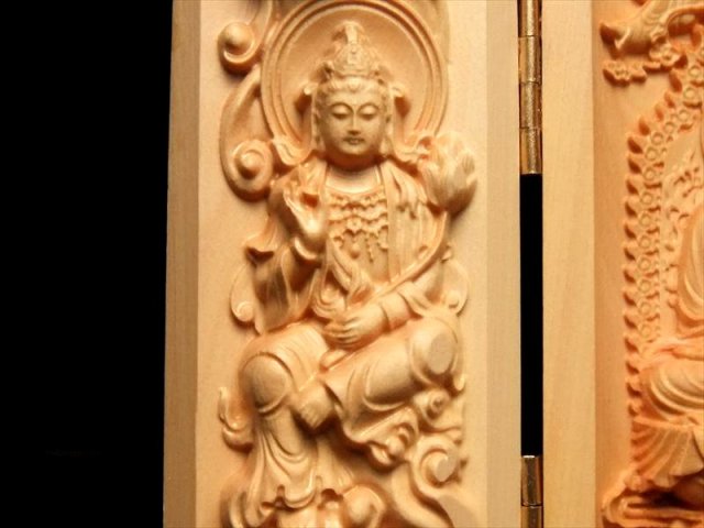 5A極上彫り 阿弥陀三尊像 高さ約100-105mm 仏像 観音開き 木彫り