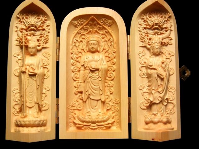 極上手彫り 5A 木彫り 立像(りゅうぞう) 釈迦如来像 置物 高さ約100-105mm 仏像 観音開き 風水やインテリアに ok-s