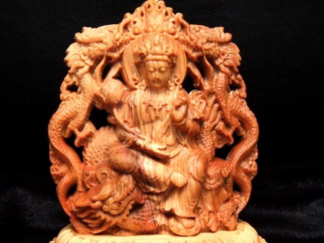 両面彫り 5A極上手彫り 木彫り 騎龍観音 置物 高さ約84mm 風水やインテリアに ok-s パワーストーン 天然石