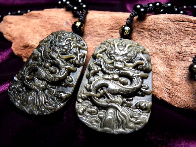 厄除け 激安 縦52ミリ 手彫り龍ネックレス 龍彫りゴールデンシャインオブシディアン ネックレス 60cm 被れるタイプ 極上天然石 パワーストーン pe-s