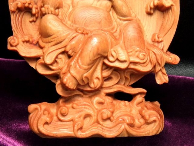 5A極上彫り 円背景 布袋様 木彫り 置物 高さ約105-110mm 風水や