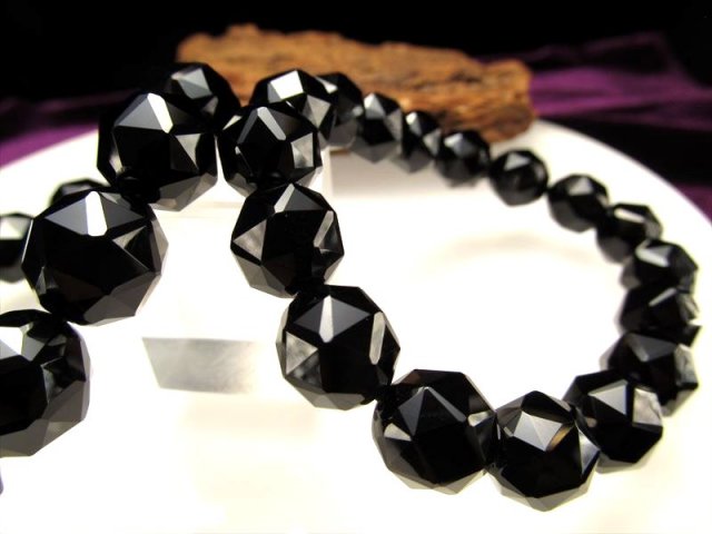 4A 黒水晶 スターカット ブレスレット 約12mm前後×17珠前後 モリオン