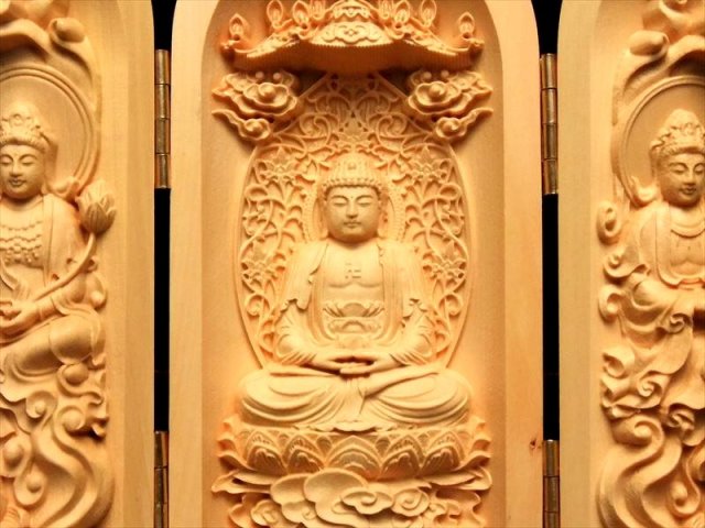 5A極上彫り 阿弥陀三尊像 高さ約100-105mm 仏像 観音開き 木彫り 坐像 ざぞう 阿弥陀如来像 観音菩薩 勢至菩薩 置物 ok-s hos パワーストーン 天然石