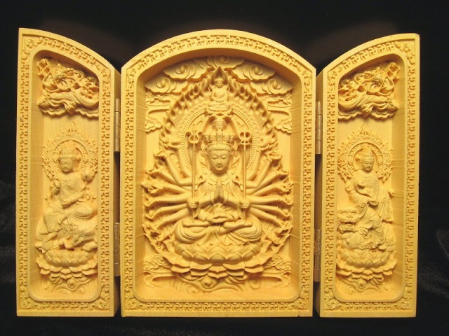 扉型 観音開き 千手観音 高さ約100-105mm 極上繊細彫り 木彫り千手観音像 置物 文殊菩薩 普賢菩薩 今回入荷は最後の画像3枚 ok-s パワーストーン 天然石