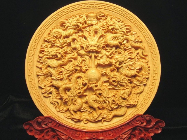 竜生九子 龍彫り 台付き お皿型置物 直径約142mm 5A極上彫り 木彫り 九龍 五本爪龍 皿型置物 風水 インテリア 箱に凹み有り sai