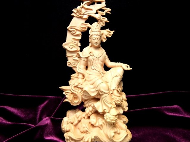 NM 大型練り細工彫り【観音像】置物 台付高さ約75.5cm 木製台座付き NM 大型練り細工彫り【観音像】置物 台付高さ約75.5cm 木製