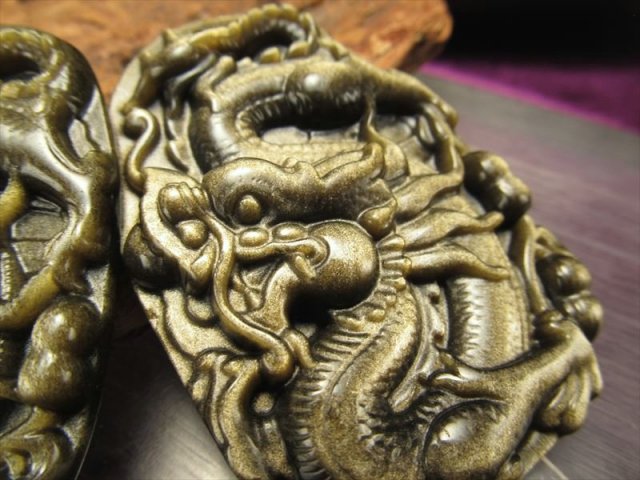 激安宣言 ゴールデンシャインオブシディアン 黒曜石 龍彫り カービングプレート 縦約60mm メキシコ産 geki-obG28 パワーストーン 天然石