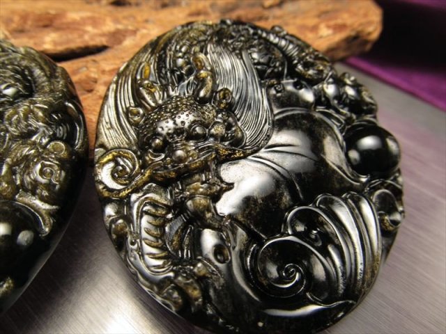 激安宣言 ゴールデンシャインオブシディアン 黒曜石 龍彫り カービングプレート 縦約52mm ドラゴン メキシコ産 geki-obG37 パワーストーン 天然石