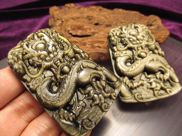 激安宣言 ゴールデンシャインオブシディアン 黒曜石 龍彫り カービングプレート 縦約60mm メキシコ産 geki-obG51 パワーストーン 天然石