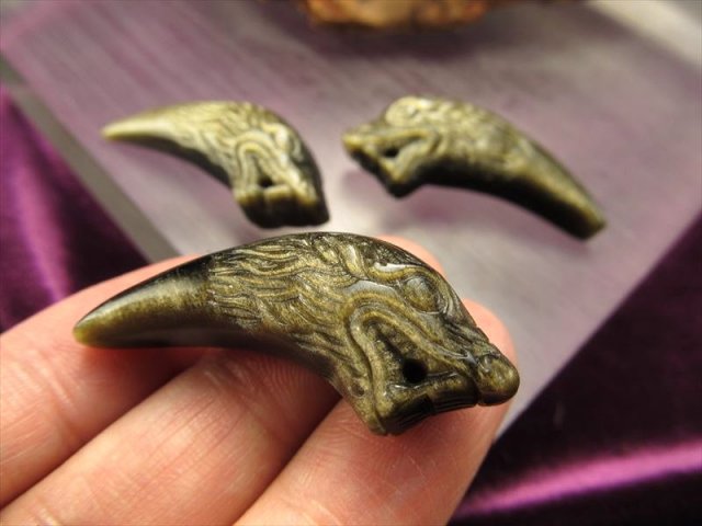 激安宣言 ゴールデンシャインオブシディアン（黒曜石） 龍頭牙タンブル Sサイズ 縦約38mm 迫力のドラゴンファング メキシコ産