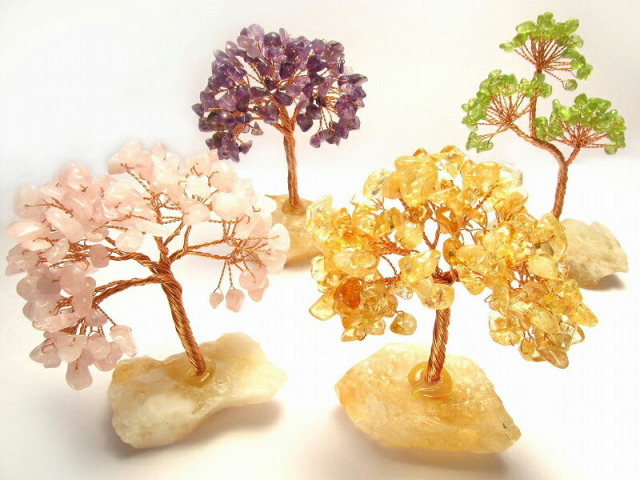 天然石ツリー 縦約10-11cm ローズクォーツ アメジスト シトリン ペリドット 台座部分シトリン