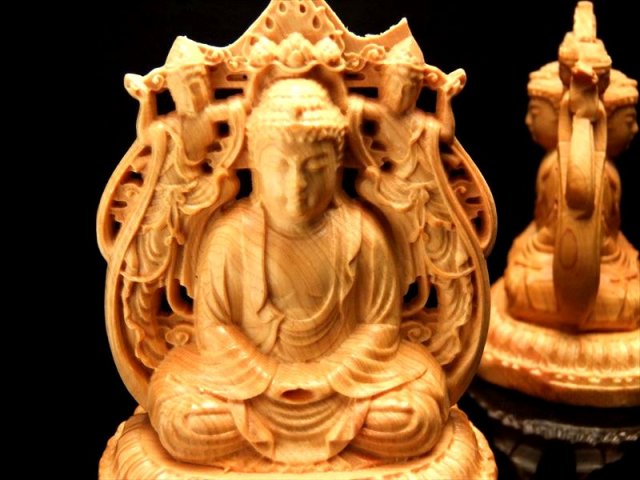 両面彫り 阿弥陀如来&菩薩 木彫り置物 高さ約85mm 木彫り 天然木観音彫刻シリーズ 卍 風水やインテリアに ok-s パワーストーン 天然石