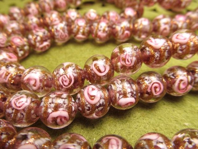 トンボ玉 とんぼ玉 金彩ローズタイプD ラウンド型 10mm 一連 約33cm 約35珠 昔ながらの人工ビーズ 激安 ビーズ rn-p パワーストーン 天然石