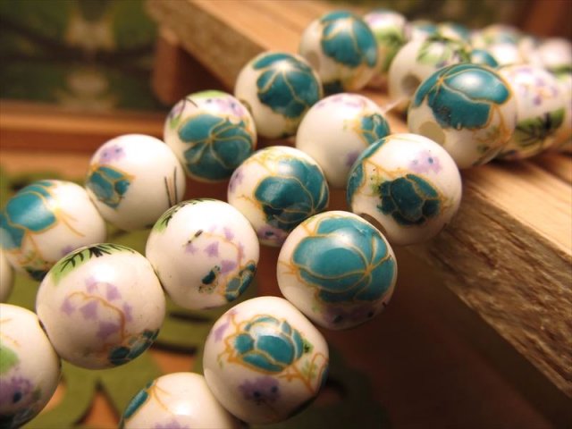 陶器製トンボ玉 とんぼ玉 花柄タイプI ラウンド型 約10mm 一連 約34cm 約35珠 昔ながらの人工ビーズ 激安 ビーズ rn-p パワーストーン 天然石