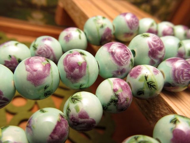 陶器製トンボ玉 とんぼ玉 花柄タイプH ラウンド型 約12mm 一連 約34cm 約30珠 昔ながらの人工ビーズ 激安 ビーズ rn-p パワーストーン 天然石