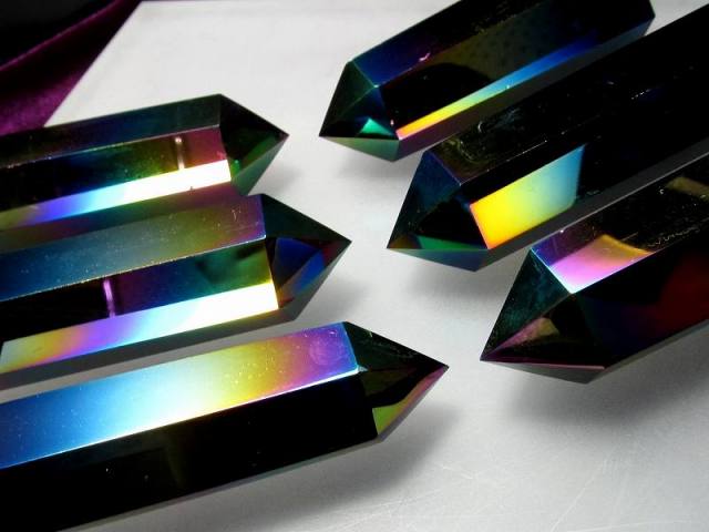 メタリック レインボーオーラ オブシディアン 黒曜石 ポイント 六角柱