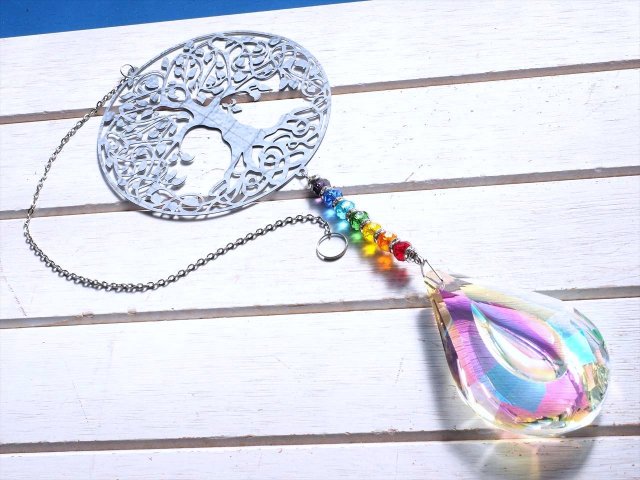 ツリーオブライフ ＆ チャクラ サンキャッチャー 全長約48cm 生命の樹 7色カラー7種チャクラ対応 高品質ビーズクラフト