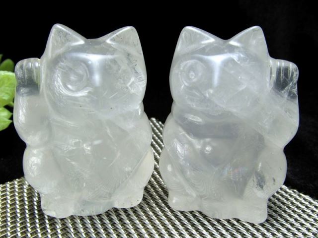 水晶 ペア 招き猫 置物 2匹セット 開運招福 商売繁盛 パワーストーン 天然石