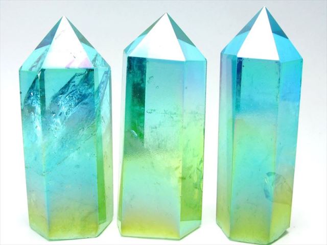 夏色 サマーオーシャンオーラ 天然水晶ポイント 六角柱 120g-130g ネオンブルー&ライムグリーンオーラ 極上超透明 手ごろな小さめサイズ