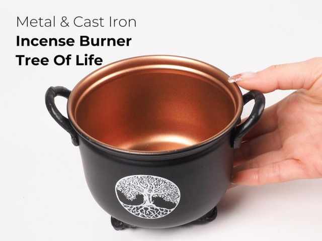 メタル インセンスバーナー 深さ7.5cm 直径11cm ツリーオブライフ デザイン ホワイトセージ・パロサントパウダー・チップ香・粉末香などの薫香の燃焼に便利