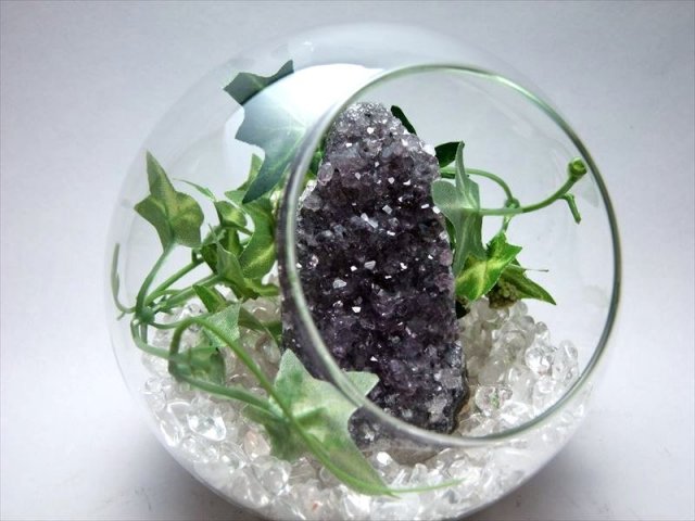 天然石 ボトリウム 5点セット アメジストクラスター+水晶さざれ300g+斜め口ガラスボトル+竹コースター+フェイクグリーン 造花 の5個Set 癒しと安眠