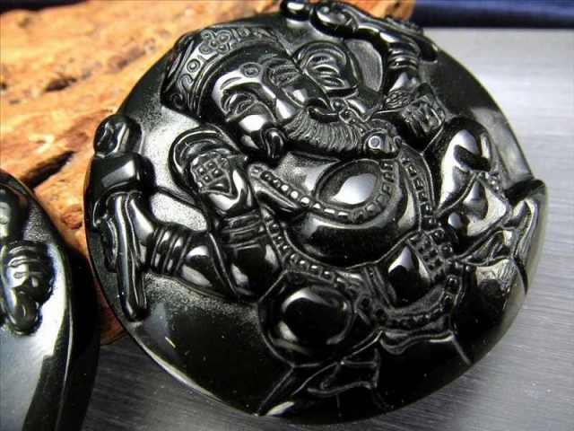 激安宣言 オブシディアン（黒曜石） ガネーシャ彫りカービングプレート 縦約46mm あらゆる障害を跳ね除ける守り神 メキシコ産 geki-obG38