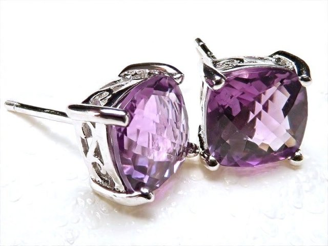 激安宣言 5A アメジスト スクエア多面カット・クッションカットの2種 ピアス 石サイズ約7mm SILVER925 シンプル四つ爪タイプ ブラジル産 geki-7070C30S