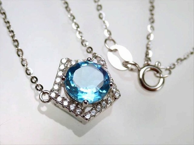 激安宣言 超透明スカイブルーカラー 宝石質スイス・ブルートパーズネックレス ラウンドカット型 石サイズ縦約7mm 1個売り チェーン長さ約45cm