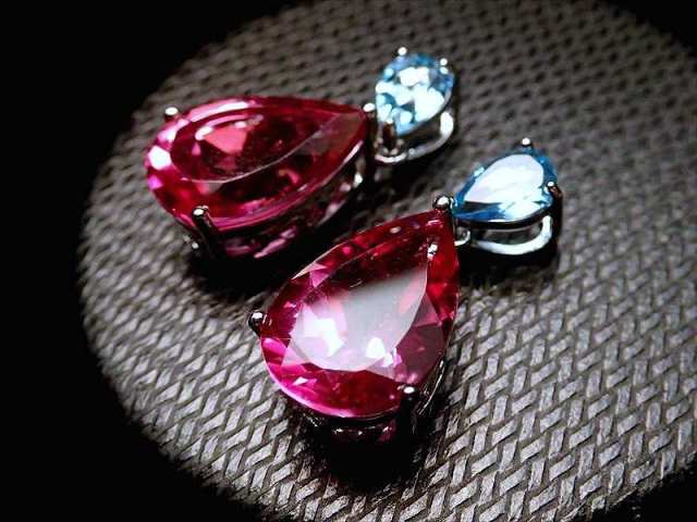 激安宣言 5A 超透明 ピンク&スイスブルートパーズペンダントトップ ダブルドロップカット型 石サイズ・ピンク縦約14mm・ブルー縦約7mm 1個売り 豪華2石使用