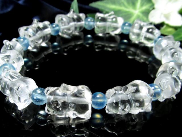 天然水晶 左手招き猫 デザインブレスレット 水晶招き猫16mm×9個