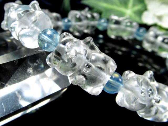 天然水晶 左手招き猫 デザインブレスレット 水晶招き猫16mm×9個
