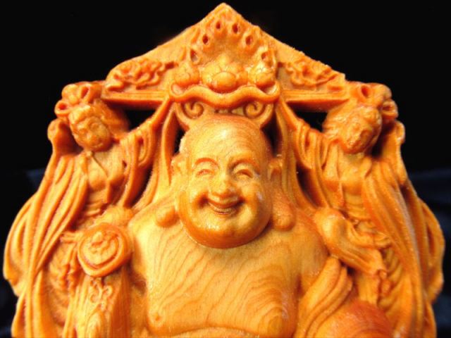 両面彫り 布袋様 極上手彫り 木彫り 布袋&菩薩 置物 高さ約85mm 風水やインテリアに パワーストーン 天然石