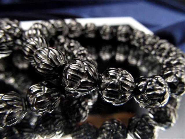 黒水晶 蓮彫刻 ブレスレット 9mm-9.5mm×20珠前後 天然チベット ロータスモチーフ 極楽浄土に咲く花 チベット産