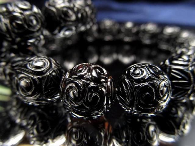 黒水晶 マニコロ彫刻ブレスレット 12mm-12.5mm×17珠前後 天然チベット マニ車モチーフ チベット密教法具 チベット産 パワーストーン 天然石